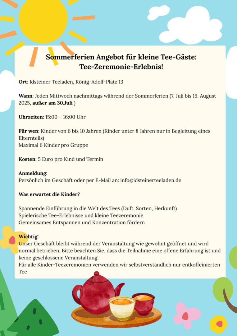 Sommerferien-Angebot für kleine Tee-Gäste: Kinder-Tee-Zeremonie-Erlebnis! 1 Kinder-Tee-Zeremonie-Erlebnis